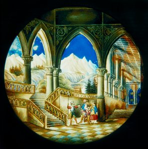 Käsinmaalattu lautanen Saksassa valmistettuun Magic Lanterniin, jossa on sisänäkymä palatsista ja maisemasta, 1800-luvun ensimmäinen puolisko tekijältä German School