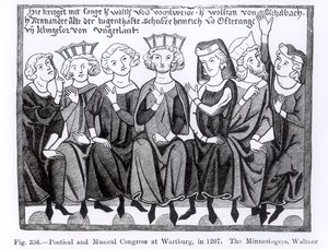 Runollinen ja musiikillinen kongressi, Wartburg, 1207, kuvitus tieteestä ja kirjallisuudesta keskiajalla ja renessanssilla, kirjoittanut ja kaivertanut Paul Lacroix, 1878 tekijältä German School