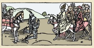 Paavi Leon I tapaa Attilan ja Arreten - Barbaarien hyökkäykset - Kaiverrus "Leben der Heiligen - sommerteil" (Pyhien kirja), jonka on kirjoittanut Jacobus (James) Voraginesta (1228-1298). Lyypekki 1488. tekijältä German School
