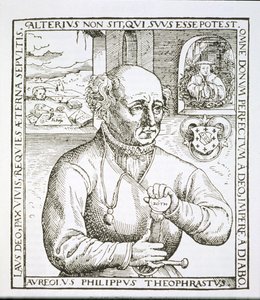 Theophrastus Paracelsuksen (1493-1541) muotokuva, kopio hänen kirjansa Astronomica et Astrologica Pouscula, Köln 1567 kuvituksesta, käytetty taikuuden historiassa, julkaistu 1800-luvun lopulla (woodc tekijältä German School