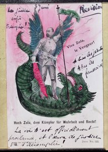 Postikortti Noble Zolasta, Totuuden ja oikeuden soturista, jossa on huomautuksia (värilitho kynällä ja musteella ja wc) tekijältä German School