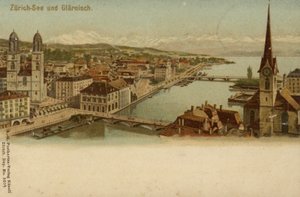 Postikortti, joka esittää yleiskuvaa Zürichin kaupungista tekijältä German School