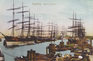 Postikortti Hampurin purjelaivasatamasta, n. 1900 (värillinen kuva)