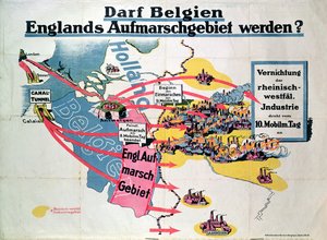 Juliste, joka ilmaisee Saksan huolen Belgian ja Englannin yhdistävän kanaalin tunnelin rakentamisesta, n. 1914–1918