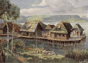 Esihistoriallinen eurooppalainen järvikylä (värilitro) tekijältä German School