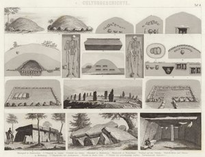 Esihistorialliset hautakammiot. Kuva Bilder-Atlasista (kaiverrus) tekijältä German School