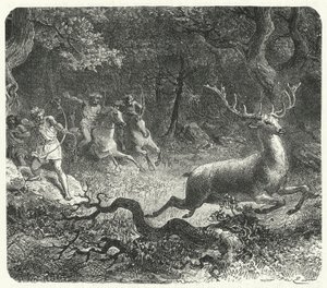 Esihistorialliset miehet metsästämässä hevosia (kaiverrus) tekijältä German School