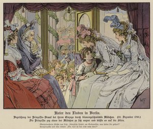Mecklenburg-Strelitzin prinsessa Louise suutelee yhtä Unter Den Lindenin vuoraavista tytöistä tervehtiäkseen Berliiniin saapumistaan avioliittoon Preussin kruununprinssi Frederick III:n kanssa, 22. joulukuuta 1793 (värilitho) tekijältä German School