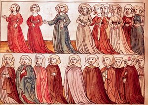 Bohemen naisten kulkue. Miniatyyri Ulrich Richentalin (1360-1437) "Konstanz kirkolliskokouksen kronikoista" 1438 suunnilleen Praha, kansalliskirjasto tekijältä German School