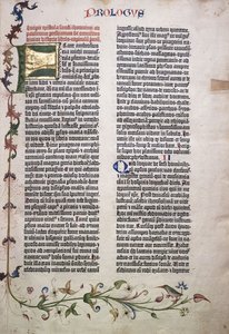 Prologifolio kultaisella ja vihreällä kirjaimella "F" ja reunuksella lehtiä, kukkia, viiniköynnöksiä ja lintua, 1455 tekijältä German School