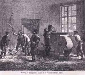 Preussilaiset puimassa maissia ranskalaisessa kouluhuoneessa, Cassells History of the War of the France ja Saksa julkaisija Cassell and Company Limited, n. 1890 (litho) tekijältä German School