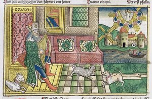 Psalmit: etulevy, jossa kuningas Daavid soittaa lyyraa, Nürnbergin Raamatusta (Biblia Sacra Germanaica) (värillinen puupiirros) tekijältä German School