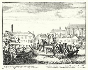Kuningatar Mary, kuningas James II:n puoliso, pakenemassa Englannista Walesin prinssin ja koko hovin kanssa, joulukuu 1688 (kaiverrus) tekijältä German School