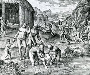 Quibus remediis contra morbos utantur Indiani, kuvitus Hieronymous Gallerin julkaisemasta "Pars Decima Americae" -teoksesta. tekijältä German School