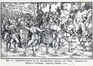 Kapinalliset talonpojat ritari ympärillä, Petrarchin Trostspiegelin kuvituksesta, 1539 tekijältä German School