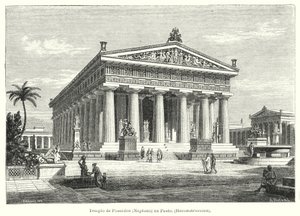 Muinaisen kreikkalaisen Poseidonin temppelin jälleenrakennus, Paestum, Italia (litho) tekijältä German School
