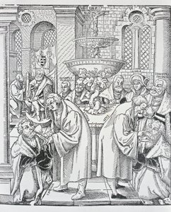 Uskonpuhdistajat Martin Luther ja Jan Hus jakavat ehtoollisen (kaiverrus) tekijältä German School