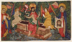 Jeesuksen Kristuksen ylösnousemus, gobeliini alttarin etusivulla, Aargau, Sveitsi, 1400-luvun loppupuoli (väriliitos). tekijältä German School
