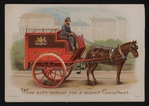 Royal Mail pakettiauto, joulutervehdyskortti, 1800-luvun loppu tai 1900-luvun alku (chromolitho) tekijältä German School