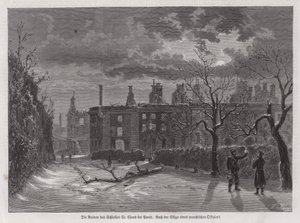 Pariisin Chateau de Saint-Cloudin rauniot, jotka tuhoutuivat Preussin pommituksissa vuonna 1870 Ranskan ja Preussin sodan aikana (kaiverrus) tekijältä German School