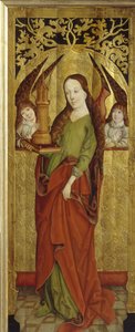 Sainte Barbe tai Barbe suuri marttyyri (3. vuosisata). (Pyhä Barbara). Kantamassa tasangolla tornia, jossa on kolme ikkunaa. Westfalenin mestarin maalaus (toiminut 1470-1480), öljy puulle, noin 1470-1480. saksalainen taide tekijältä German School