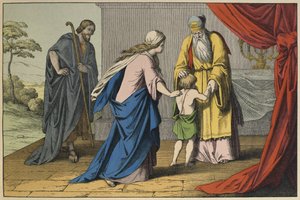 Samuel ja Eli, kuvitus LAncien Testamentista, julkaisija Jakob Ferdinand Schreiber, Esslingen (värikaiverrus) tekijältä German School