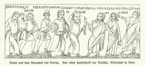 Kohtaus Eunuchuksesta (The Eunuch), roomalaisen näytelmäkirjailijan Terencen komediasta (litho) tekijältä German School