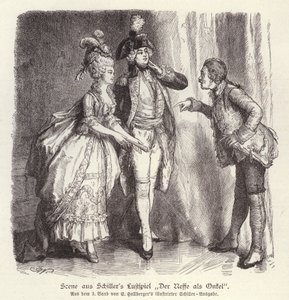 Kohtaus Friedrich Schillerin komediasta Der Neffe als Onkel (Senpoika setänä) (kaiverrus) tekijältä German School
