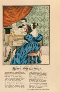 Kohtaus pariskuntaa pianon ääressä, jonka alle on kirjoitettu rakkausruno, Neuruppiner Bilderbogen, 1850 tekijältä German School