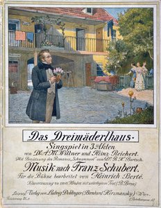 Das Dreimaederlhausin (Kolmen tytön talo) musiikkikansi, joka esittää Schubertin talon edessä, 1916 tekijältä German School