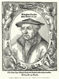 Sebastian Muenster, saksalainen kartografi, kosmografi ja kirjailija Cosmographia, aikaisin teos, joka kuvaa maailmaa saksaksi (kaiverrus) tekijältä German School