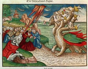 Seitsemänpäinen käärme Ilmestyskirjasta, Lutherin Raamatusta, n. 1530 (värillinen puupiirros) tekijältä German School