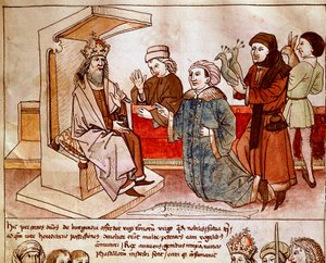 Pyhän valtakunnan keisari Sigismund I Luxemburg (1368-1437) vastaanottaa alistuvien kansojen kunnianosoituksen. Miniatyyri Ulrich Richentalin (1360-1437) "Konstanz kirkolliskokouksen kronikoista" 1438 suunnilleen Praha, kansalliskirjasto tekijältä German School