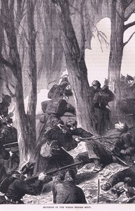 Kahakka metsässä ennen Metziä, Cassells History of the War välillä Ranskan ja Saksan välillä, julkaisija Cassell and Company Limited, n. 1890 (litho) tekijältä German School