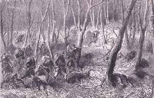 Kahakka metsässä Pariisin ulkopuolella, Cassells, Ranskan ja Saksan välisen sodan historia, julkaisija Cassell and Company Limited, n. 1890 (litho) tekijältä German School