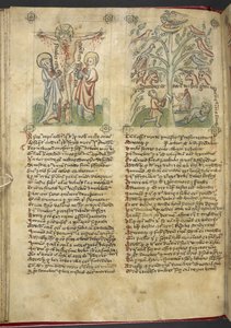 Sloane 361, f.26v Nebukadnessar näkee puun unessa; Crucifixion, "Speculum Humanae Salvation" (muste ja väri vellum) tekijältä German School