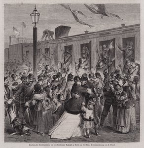 Preussian Garde Landwehrin sotilaat toivotettiin tervetulleeksi Potsdamin asemalle Berliinissä, kun he palasivat Ranskan ja Preussin sodasta, 22. maaliskuuta 1871 (kaiverrus) tekijältä German School
