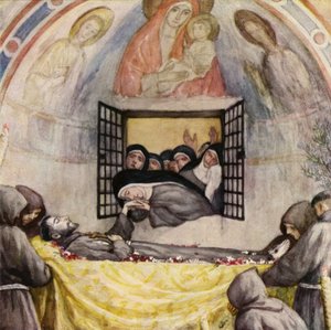 Pyhä Klara suree Franciscus Assisilaista (värilitografia) tekijältä German School
