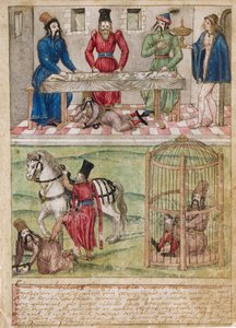 Sulttaani Bayezid (Bajazet) I (noin 1360-1389) joutuu Tamerlanen (1336-1405) (tai Timur Lang, "Timur ontuva") vangiksi Ankaran taistelun jälkeen vuonna 1402. Vesiväri 1500-luvun pergamentille saksalainen mestari. Yksityinen kokoelma tekijältä German School