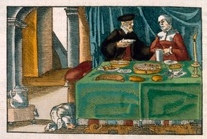 Ateriapöytä, saksalaisesta käsikirjoituksesta, n. 1650 (käsinvärinen kaiverrus) tekijältä German School