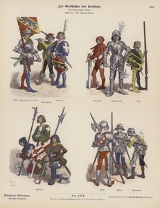 Sveitsiläiset sotilasasut 1400-luvulta (värillinen kaiverrus) tekijältä German School