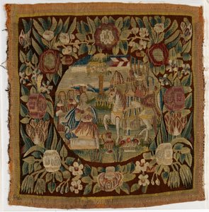 Tapettityynynpäällinen, joka kuvaa Davidia ja Abigailia, Samuel XXV, valmistettu mahdollisesti Hampurissa, Saksassa, n. 1615 (villa) tekijältä German School