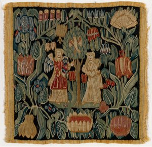 Tapettityynynpäällinen, joka kuvaa Marian ilmestystä, Ala-Saksista tai Tanskasta, vuoden 1600 jälkeen (villa) tekijältä German School