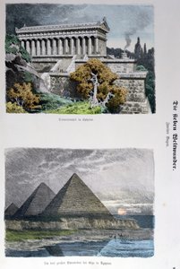 Dianan temppeli Efesoksessa ja Gizan pyramidit, Munchener Bilderbogenissa 1886 julkaistusta maailman seitsemän ihmeen sarjasta (värikaiverrus) tekijältä German School