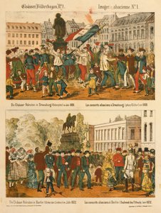 Alsace värvää Strasbourgissa (Kleberplatz) vuonna 1869 ja Berliinissä (Under den Linden) vuonna 1872 Elsaesser Bilderbogenilta, julkaisija A. Schneider, Strasbourg, 1873 tekijältä German School