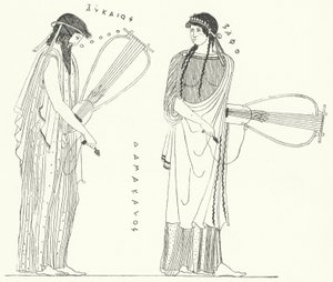 Antiikin kreikkalainen runoilija Alcaeus ja hänen rakastajansa Sappho (kaiverrus) tekijältä German School