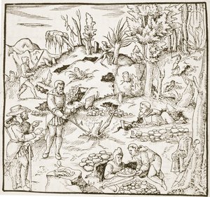 ennustussauva, Bergwerk Buch, Georg Agricola, Frankfurt 1580, kuvitettu 1800-luvun lopulla julkaistussa Taikuuden historiassa tekijältä German School