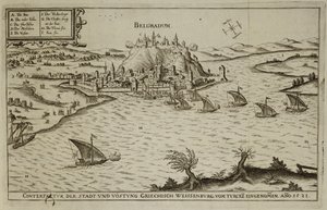 Belgradin kukistuminen turkkilaisille vuonna 1521, Paul Furstin (n. 1605–1666) kaivertama kuva kirjasta ottomaanien sotatoimista Euroopassa tekijältä German School
