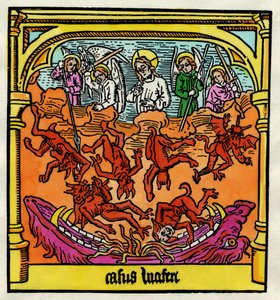 Luciferin lankeemus ja kapinallisten enkelit, kuvitus kopiosta "Biblia Pauperum" tekijältä German School