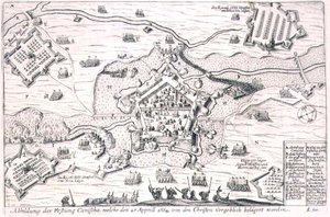 Canischan linnoitus, jota kristityt piirittivät turhaan vuonna 1664, Paul Furstin (n. 1605-1666) kaiverruksen kuvitus kirjasta ottomaanien sotatoimista Euroopassa (kaiverrus) tekijältä German School